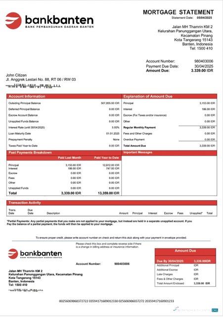Download Indonesia Bank Banten mortgage statement Word and PDF template Photoshop template